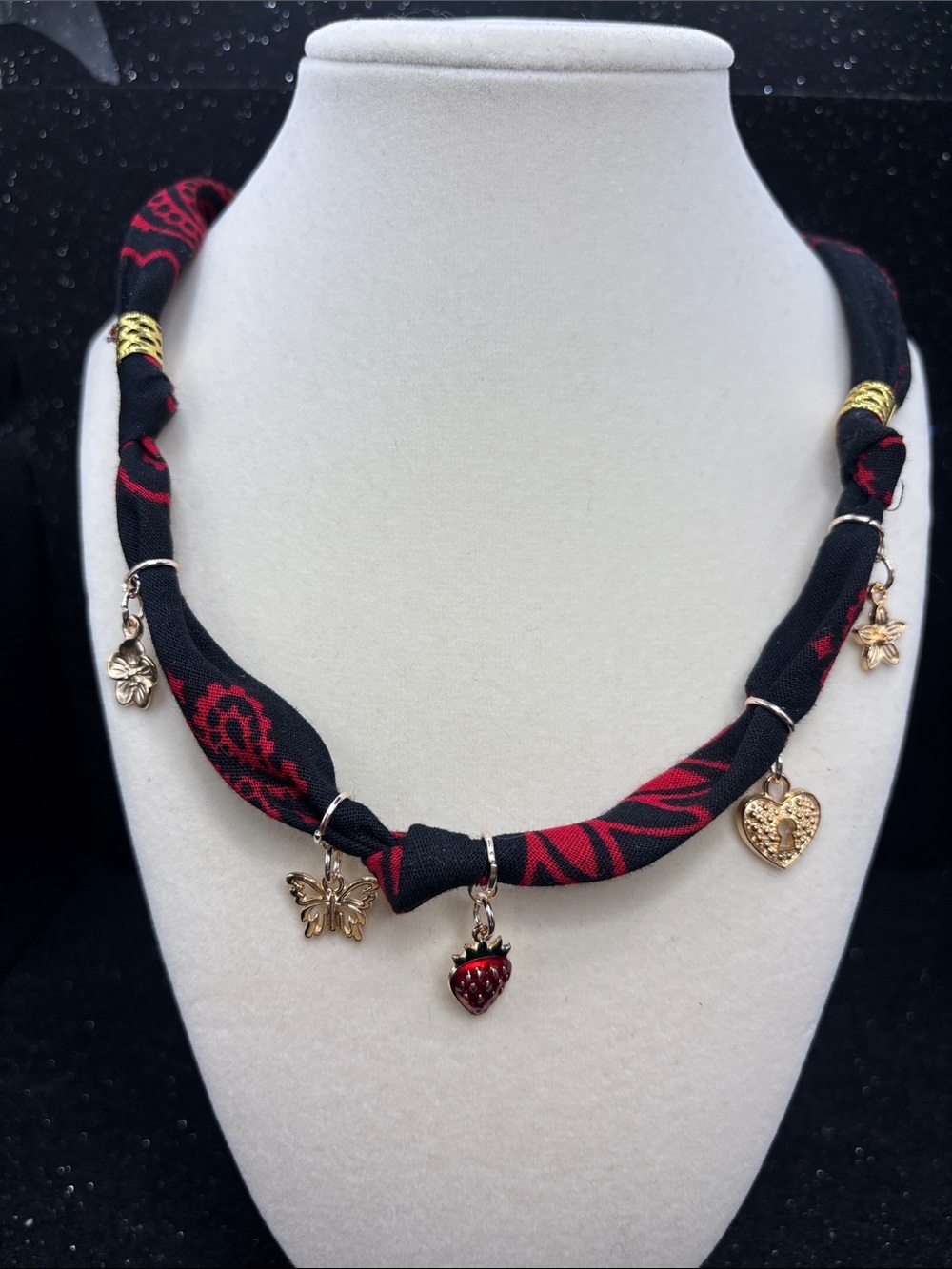 Braided Bandana Charm Necklace | Strawberry, Butterfly & Heart Lock Charms - Picture 3 of 8